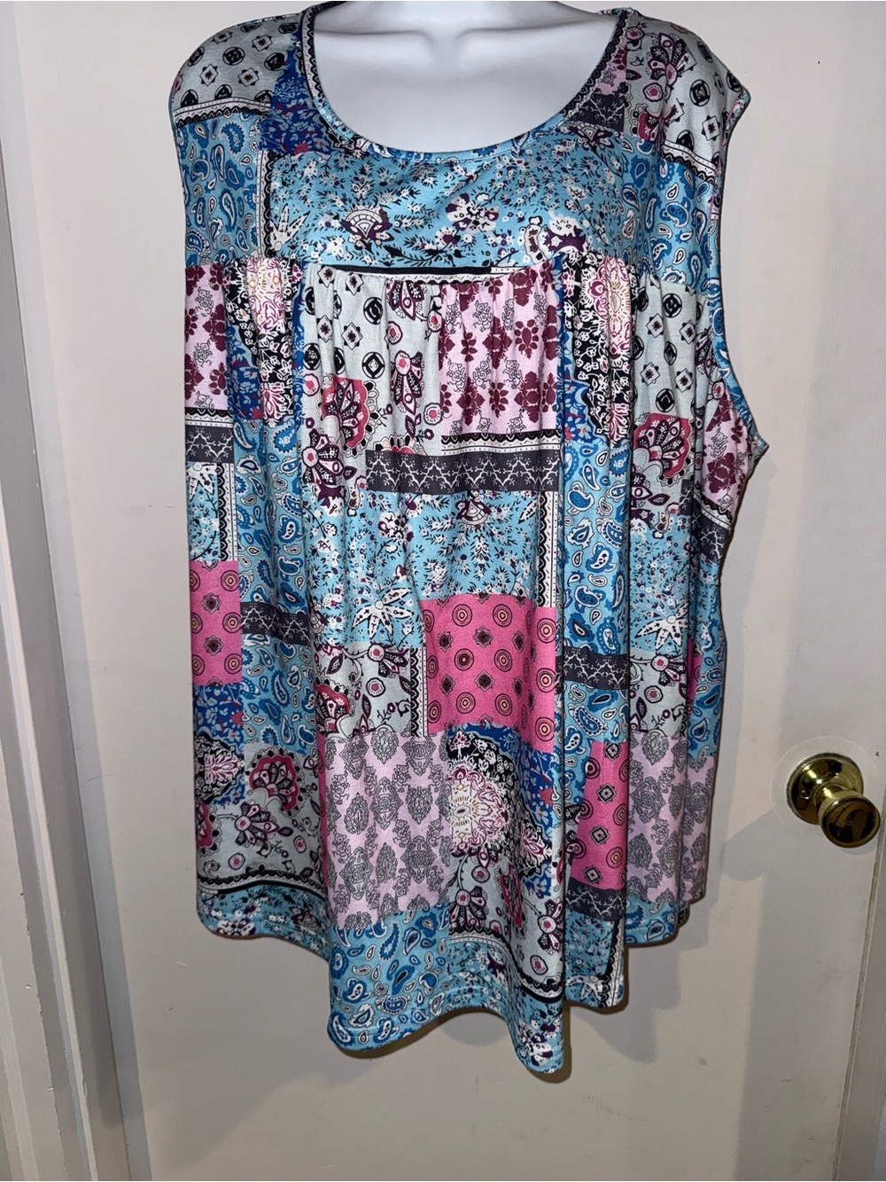 Sleeveless Patchwork Print Tank Top in Blue and Pink plus 4x